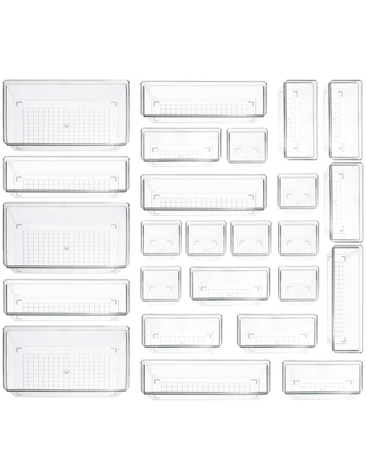 Clear Plastic Drawer Organizer Storage - 25Pcs 4 Size Desk Bathroom Kitchen Organizers and Accessories Office Organization Vanity Stackable Drawers Bins Trays Containers Dividers Makeup Sets